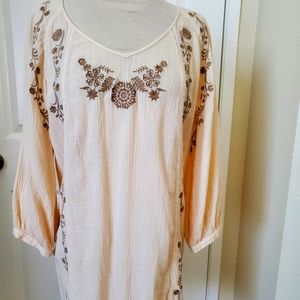 Soft Surroundings Cream Mocha Cotton Embroidered Tunic Blouse Women's Size M